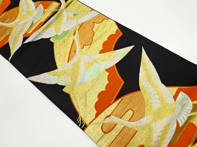 JAPANESE KIMONO / VINTAGE FUKURO OBI / WOVEN CRANES & JIGAMI PATTERN